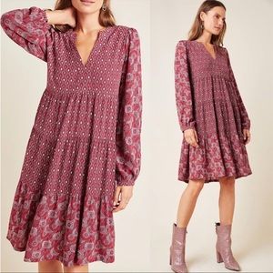 Anthropologie Burgundy Paisley Tiered Long-Sleeve Dress